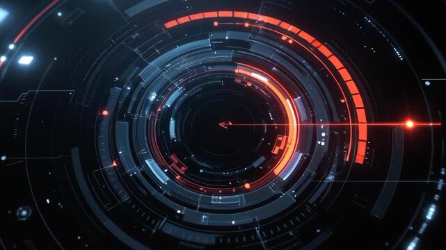Futuristic circular tech interface in a sleek digital style on dark background, concept of innovation and data flow
