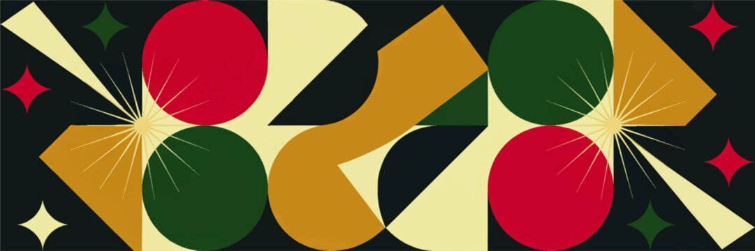Mid century modern geometric christmas abstract background with red green gold shapes and starburst lights on dark backdrop