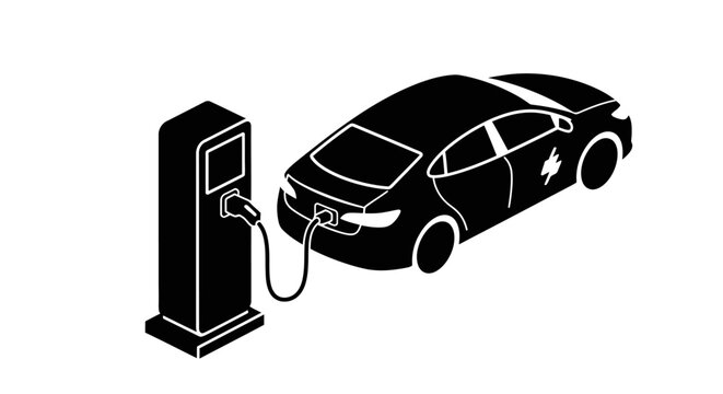 Electric car charging at station black silhouette on white background