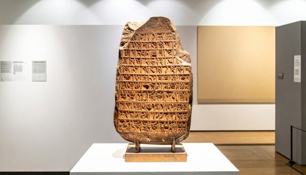 Ancient Hittite cuneiform clay tablet artifact on display in a museum setting