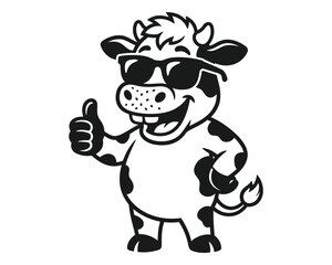 Fototapeta premium Funny animal black and white vector illustration cool cow giving thumbs up graphic design element