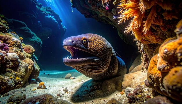 Agile moray eel emerging from its rocky crevice, mouth agape showing sharp teeth