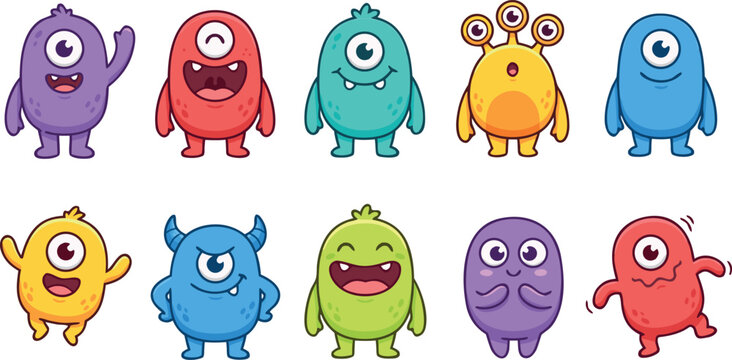 Cute cartoon monster sticker set with funny friendly one-eyed aliens for kid design vector illustration