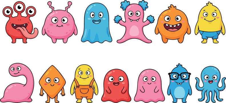 Cute cartoon monster character sticker set with funny friendly aliens and ghosts vector illustration