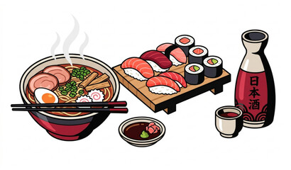 Food Vector Set with Ramen Bowl and Sushi Rolls Illustration © Rajib