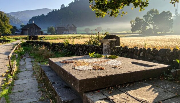 A large, weathered millstone with grains scattered across its surface sits outdoors in a rural farming landscape at sunrise.