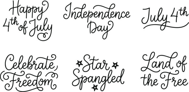 Happy fourth of july lettering and phrases for independence day celebration.