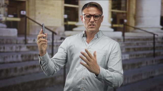 Man holding smartphone and gesturing with open hand on stone steps of a building, wearing glasses and shirt, mid call and frustrated expression; frustration problem solving.
