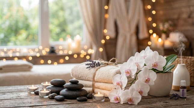 Spa relaxation setup with towels candles and flowers on wooden table