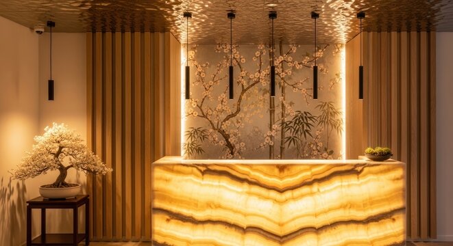 Elegant reception desk with artistic floral wall and ambient lighting