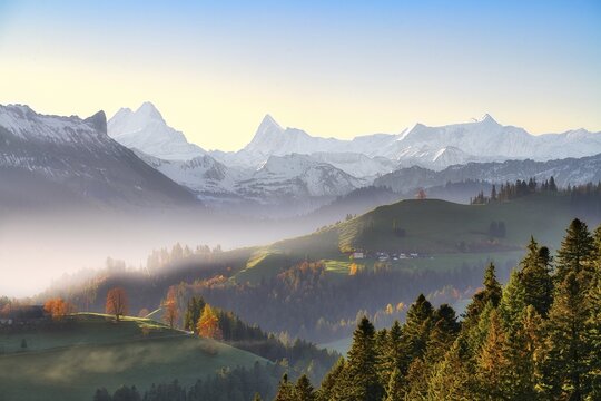 View of snow-covered Bernese Alps with Schreckhorn and Finsteraarhorn at sunrise, Langnau im Emmental, Canton of Bern, Switzerland