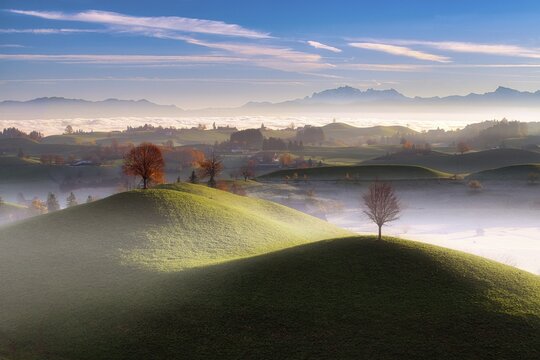 Misty hilly landscape near Hirzel at sunrise, behind Mount S&auml;ntis, Canton of Zug, Switzerland