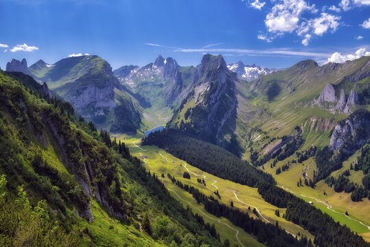 View of Alpstein with mountains Altmann and S&auml;ntis, Appenzell Alps, Canton Appenzell Innerrhoden, Switzerland