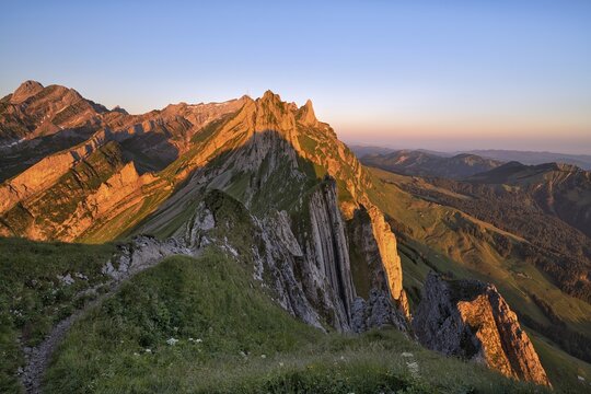 View of the Alpstein mountains in Appenzell, cloudless sky in the morning light, Canton Appenzell Innerrhoden, Switzerland