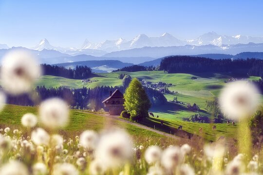 View over the Emmental with Bern granary, dandelion meadow (Leontodon) in the foreground, snow-covered Bernese Alps behind, Canton of Bern, Switzerland