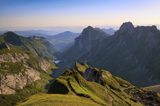 View of the Alpstein mountains with Seealpsee and Hoher Kasten mountain, with the Rhine valley and Lake Constance in the background, Canton Appenzell Innerrhoden, Switzerland