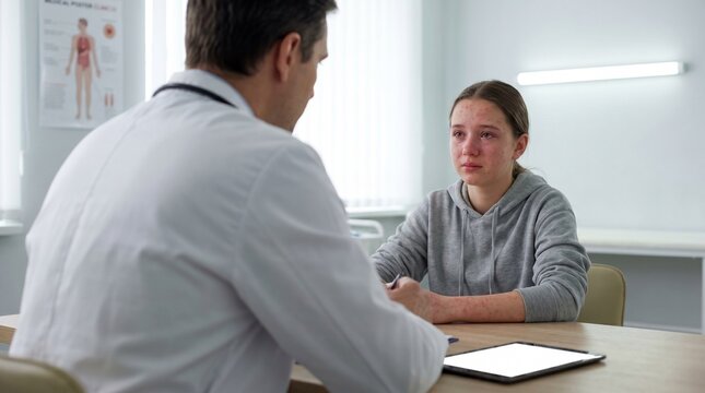 teenage girl with measles rash speaking with a doctor, Measles teen consultation, Doctor visit healthcare, Adolescent rash symptoms, Clinic guidance scene, Selective focus