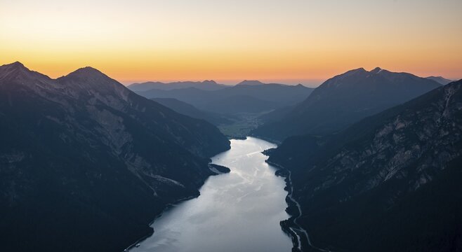 Mountain landscape at sunset, view from the summit of B&auml;renkopf to the Achensee, on the left Seebergspitze and Seekarspitze, Tyrol, Austria