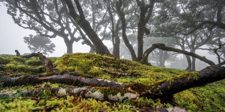 Laurel trees overgrown with moss and plants in the mist, Old laurel forest, stinkwood (Ocotea foetens), Laurisilva, UNESCO World Heritage Site, Fanal, Madeira, Portugal