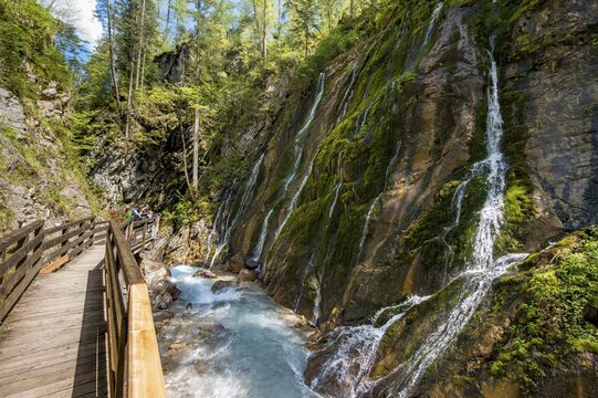 Wodden boardwalk leads along the Wimbach river through the Wimbach Ravine, Wimbachtal, Ramsau near Berchtesgaden, Berchtesgaden area, Upper Bavaria, Bavaria, Germany