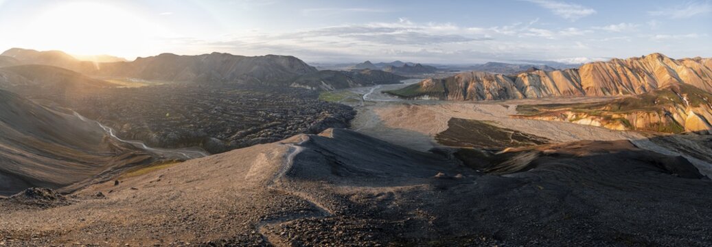View from Bl&aacute;hn&uacute;kur, Landscape panorama, Dramatic volcanic landscape, Colourful erosion landscape with mountains, Lava field, Landmannalaugar, Fjallabak Nature Reserve, Su&eth;urland, Iceland