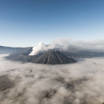 Mount Bromo volcanic clouds, morning atmosphere, Mount Batok, Mount Kersi, Mount Semeru, Bromo Tengger Semeru National Park, East Java, Indonesia