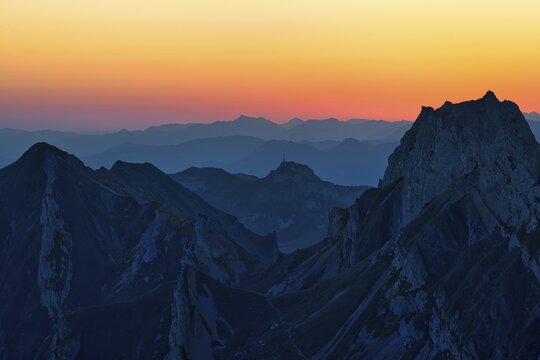 Alpstein Mountains at dawn, view of Mount Hoher Kasten, behind Vorarlberg Austria, Canton Appenzell Innerrhoden, Switzerland