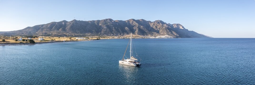 Aerial view, sailboat on the turquoise sea off the coast, Kos, Dodecanese, Greece