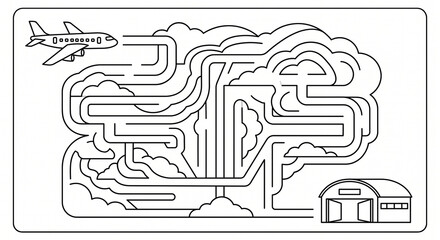 Obraz premium Airplane maze worksheet labyrinth worksheet with airplane, clouds and house route