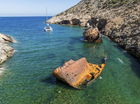 Aerial view, Shipwreck Olympia, Amorgos, Cyclades Island, Aegean Sea, Greece