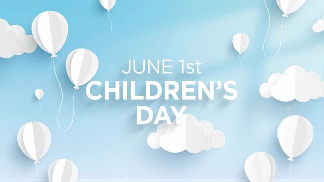 Children day celebration on June 1st. Origami paper cloud and white balloon flying in blue sky. Greeting background for child holiday invitation and event card.