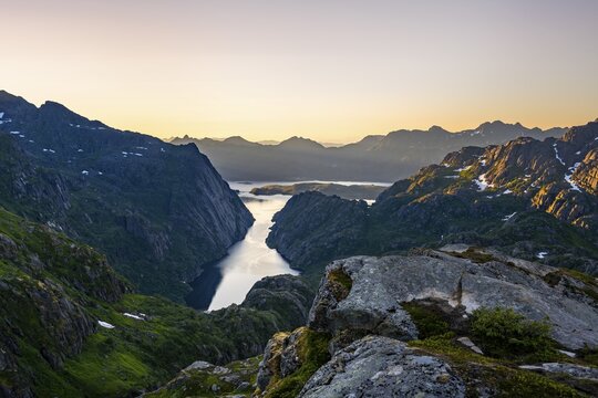 Evening mood, mountains and sea, sunset gag at the fjord Trollfjord and Raftsund, Lofoten, Nordland, Norway