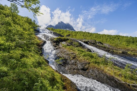 Waterfall on the river Flou between Birkenwald, Innerdalen, Hochtal, Sunndal, M&oslash;re og Romsdal, Vestlandet, Norway