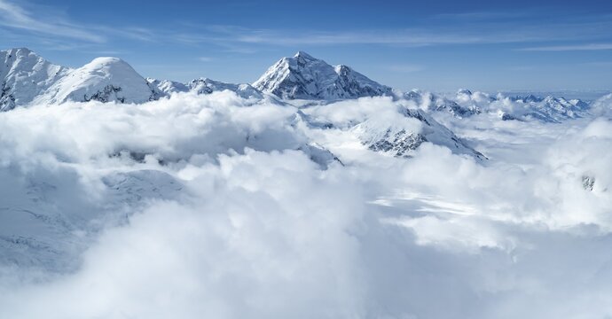 Mt Denali or Mount McKinley with glacier, aerial view, Alaska Range, Denali National Park, Alaska, USA