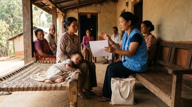 rural family with child recovering from dengue fever receiving community health guidance, Dengue fever rural healthcare, Child recovery support, Community mosquito prevention