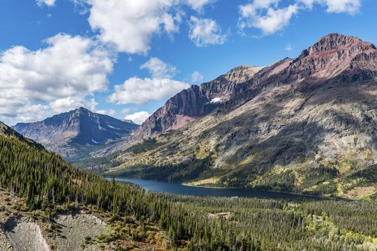 View from Continental Divide Trail on Mountain Lake Two Medicine Lake Mountain Lake and Mountain Landscape, Sinopah Mountain, Rising Wolf Mountain, Glacier National Park, Montana, USA