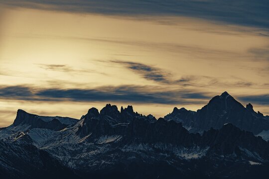 Mountain peak of the Dolomites with dramatic sky, evening sky, Zoldo Alto, Val di Zoldo, Dolomites, Italy