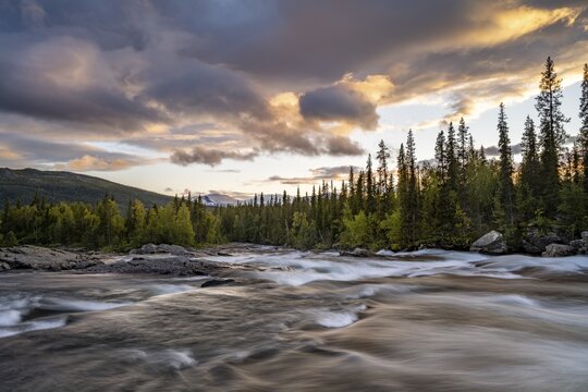 Rapids of the river Gamaj&aring;hk&aring;, evening mood, Kvikkjokk, Laponia, Norrbotten, Lapland, Sweden