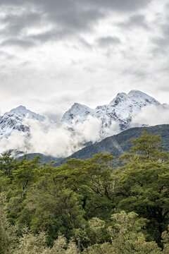 View of snow-capped mountains, Pop's View Lookout, Fiordland National Park, Te Anau, Southland, South Island, New Zealand