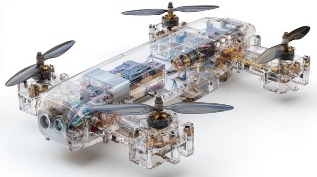 Transparent futuristic quadcopter drone with visible internal electronic components and mechanical parts