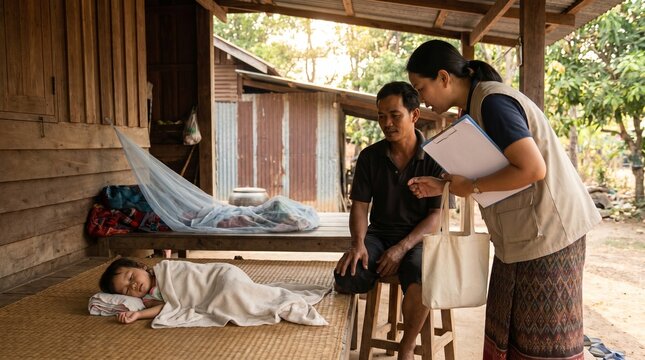 rural family with child recovering from malaria receiving community health guidance, Malaria rural healthcare, Child recovery support, Community mosquito prevention