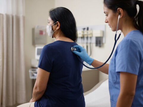 middle aged woman of South Asian appearance receiving chest exam, Tuberculosis chest examination, South Asian woman patient, Stethoscope respiratory care, Clinic diagnosis awarenes