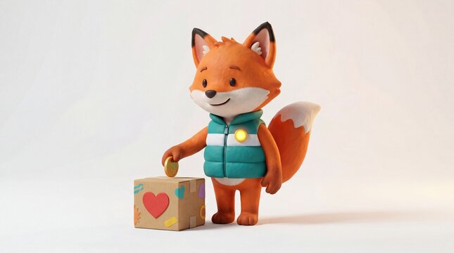 3D fox character putting a coin into a charity box with a heart for sharing and giving.