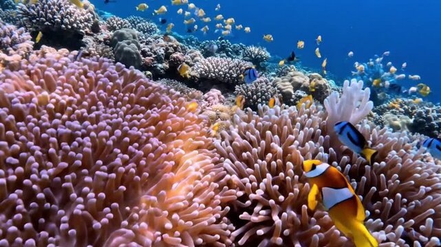 Vibrant Coral Reef Ecosystem with Clownfish Swimming Among Anemones - Underwater Ocean Life