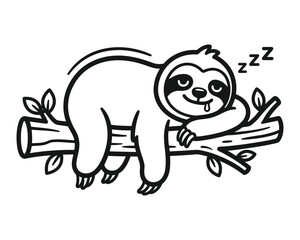 Naklejka premium Funny sloth sleeping on tree branch black and white vector illustration