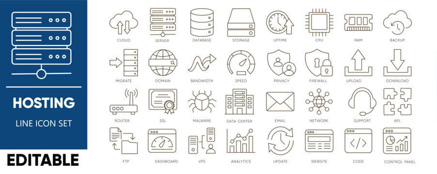 Web hosting, server, and data center minimal line icon set. Editable stroke vector illustrations for web development, database, firewall, and cloud storage concepts.