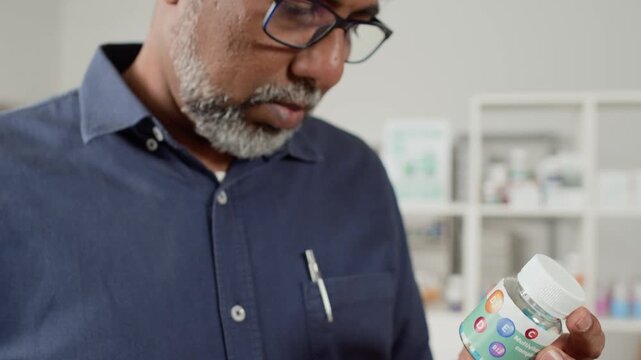Close up shot of mature Indian man using phone while choosing medication in pharmacy and reading label on bottle of pills in hand, copy space