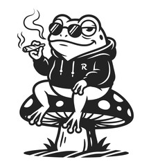Fototapeta premium Funny animal black and white vector illustration cool frog smoking on mushroom quirky cartoon design