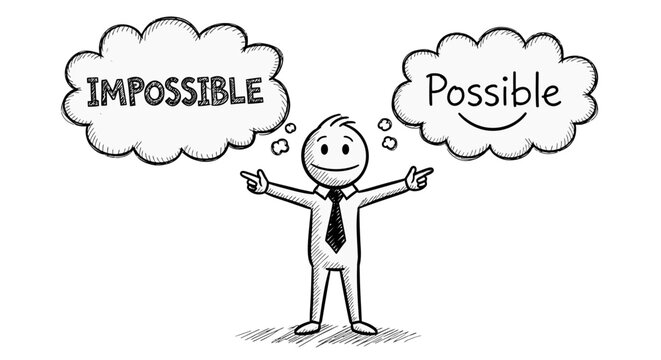 The Mind's Divide: A thought-provoking illustration shows a figure standing between two thought bubbles, one labeled Impossible and the other Possible.