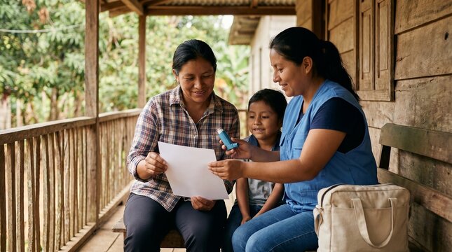 rural family receiving asthma education from community health worker, Asthma rural healthcare, Community inhaler education, Child breathing support, Family home visit